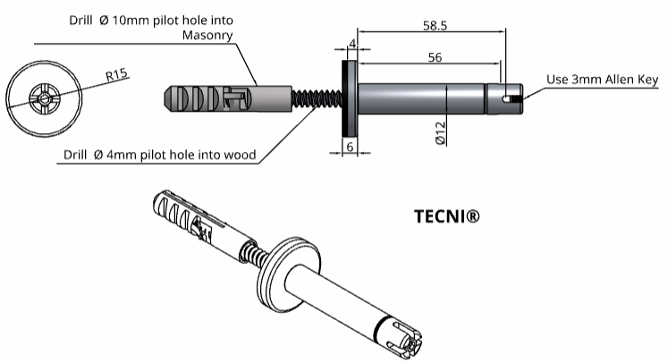 TECNI Stainless Steel MINI PRO Trellis Pillar with Multi Angle Cross Clip. 70mm from the wall. Supplied with Dual Screw and  Wall Plug - 208.025.070 .