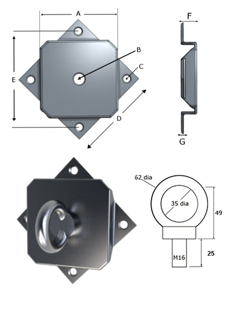 A4-AISI 316 Stainless Steel Eye Plate with M16 Eyebolt NO WALL FIXINGS- 105.106.004