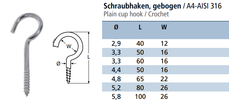 Stainless Screw Hooks with Wood Thread (Light Duty)