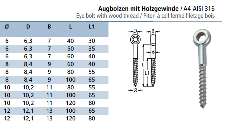 DIN 444 Stainless Steel A4-AISI 316 Eyebolt with Wood Thread