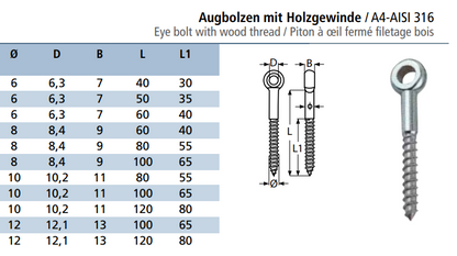 DIN 444 Stainless Steel A4-AISI 316 Eyebolt with Wood Thread