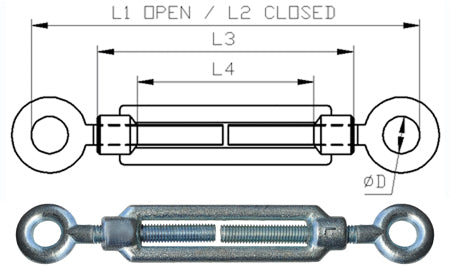 M6 Galvanised Eye & Eye Turnbuckle to DIN 1480 - 166.053.006